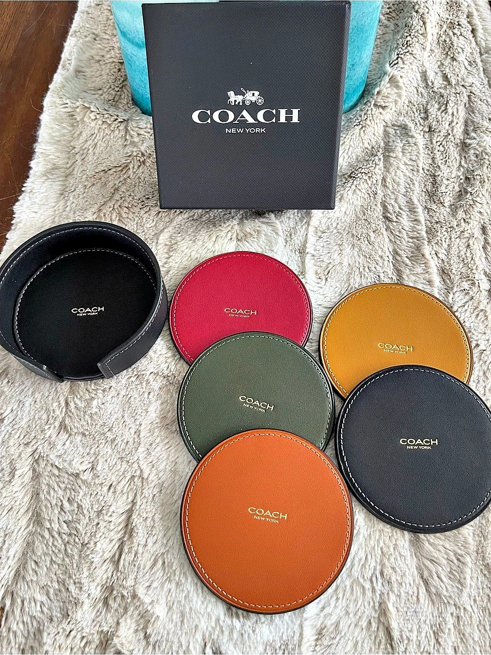 Coach Leather Coaster Set Multicolor 5 Pc + Holder & Box NIB
